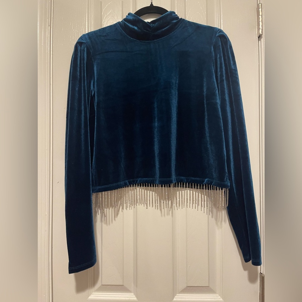 Joie Blue Velvet Cropped Mock Neck Top with Rhinestones size L